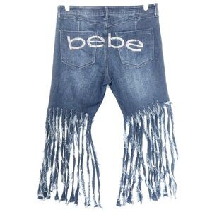 Y2k Bebe Rhinestone Jeans Bling Denim Vintage Upcycled Long Fringe 32 OOAK